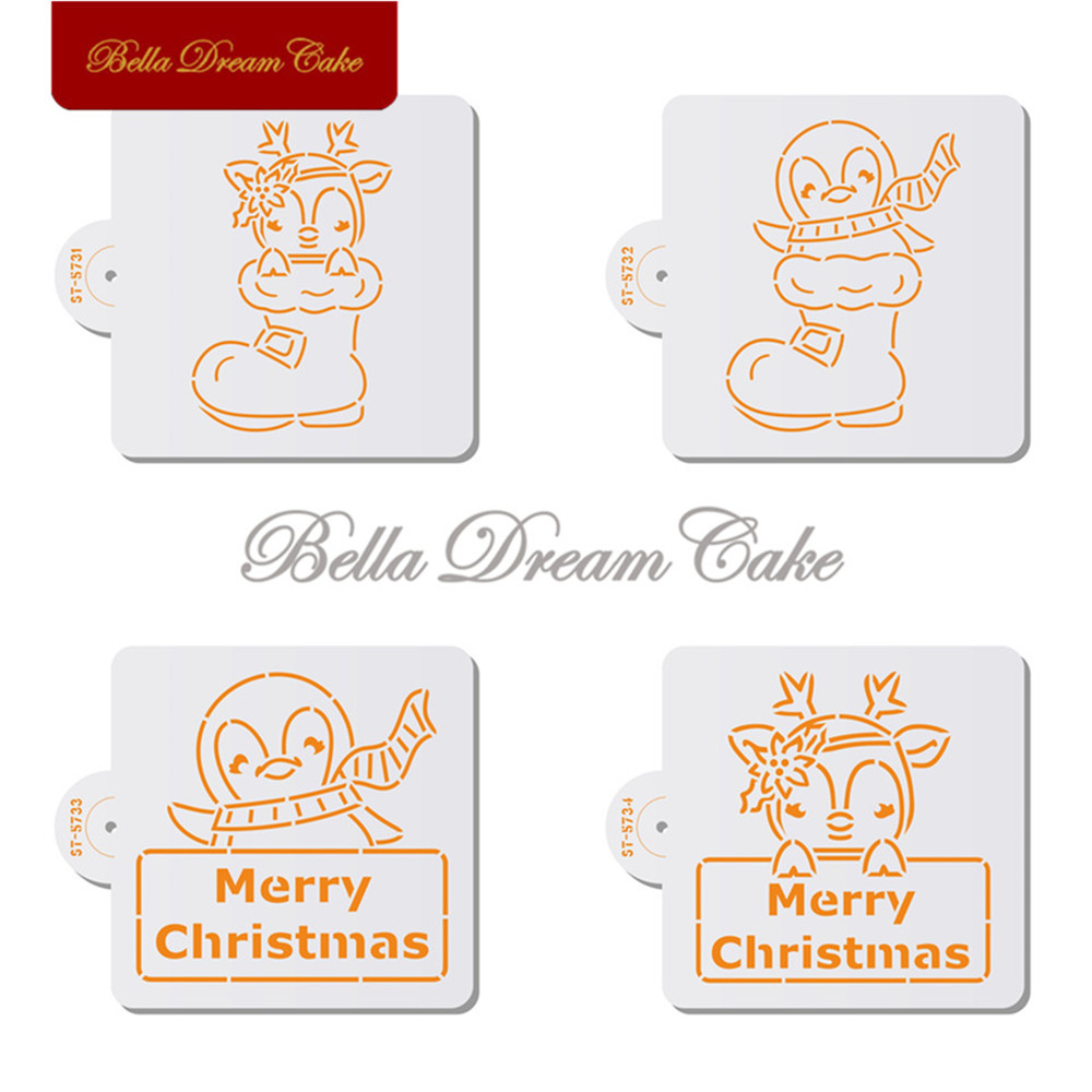 Coffee Stencil Art - 4pcs/set Merry Christmas Penguin/Deer Cookies Stencil
