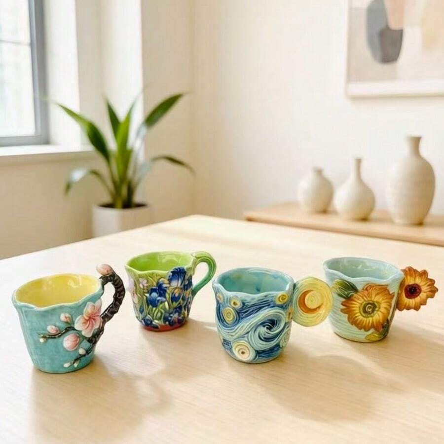 Coffee Tea Van - 4pcs Van Gogh series embossed ceramic